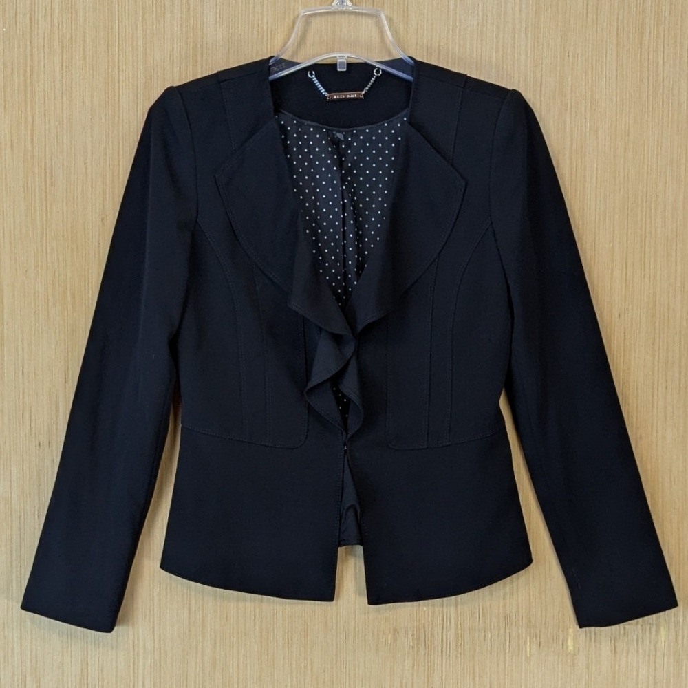 White House Black Market Blazer Preppy Office Career Size 2 Black Ruffle Front